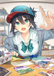 Rule 34 | 1girl, :o, aqua eyes, baseball cap, black hair, blue hat, blush, breasts, calendar (object), collared shirt, grey jacket, hair between eyes, handcraft, hat, highres, indoors, jacket, long sleeves, looking at viewer, medium breasts, open clothes, open jacket, open mouth, original, outstretched hand, shelg, shirt, short hair, sidelocks, solo, sweat, table, tan (tangent), unzipped, upper body, white shirt, wing collar