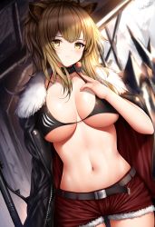 Rule 34 | 1girl, animal ears, arknights, axe, bare shoulders, belt, bikini, black bikini, black eyes, black jacket, blonde hair, blurry, blurry background, blush, breasts, candy, choker, collarbone, commentary request, cowboy shot, expressionless, food, fur-trimmed jacket, fur-trimmed shorts, fur trim, groin, hair between eyes, highres, holding, holding food, jacket, jacket on shoulders, large breasts, lion ears, lollipop, long hair, messy hair, navel, over shoulder, red shorts, short shorts, shorts, siege (arknights), solo, stomach, swimsuit, thighs, upper body, wsman, yellow eyes