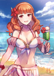 Rule 34 | 1girl, :d, adapted costume, beach, bikini, blue sky, breasts, celica (fire emblem), cleavage, collarbone, cowboy shot, cup, drinking straw, fire emblem, fire emblem echoes: shadows of valentia, highres, holding, holding cup, looking at viewer, medium breasts, navel, nintendo, ocean, open mouth, outdoors, red eyes, red hair, signature, sky, smile, solo, swimsuit, tarayuki, white bikini