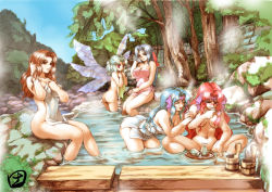 Rule 34 | 5girls, banpresto, bath, breasts, chaos gear, covering privates, drinking, esmerril, hisahiko, huge breasts, impossible towel, large breasts, multiple girls, naked towel, nude, nude cover, onsen, seireiki rayblade, super robot wars, super robot wars the lord of elemental, towel, water, wings, ymir ear clasio