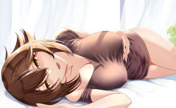 Rule 34 | 1girl, alternate costume, blush, breasts, brown dress, brown hair, cleavage, collarbone, dress, flipped hair, green eyes, hair between eyes, hand on own stomach, highres, kantai collection, large breasts, looking at viewer, lying, mutsu (kancolle), on bed, on side, open mouth, short hair, short sleeves, solo, utsumi karmin