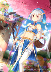 Rule 34 | 1girl, bad id, bad pixiv id, bracelet, cherry blossoms, crop top, day, dutch angle, frilled thighhighs, frills, highres, holding, holding staff, jewelry, luoxuan jingjie xian, maya g, midriff, navel, outdoors, red eyes, short hair, silver hair, solo, staff, standing, stomach, thighhighs, tree, white thighhighs, wrist cuffs
