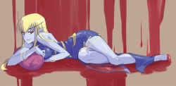 Rule 34 | 1girl, blood, blue skin, capcom, colored skin, gender request, genderswap, jedah dohma, long hair, lying, midnight bliss, on side, pillow, pointy ears, red eyes, sacchin (yama), solo, vampire (game)