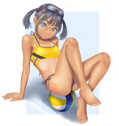 Rule 34 | 1girl, arm support, ball, bare legs, bare shoulders, barefoot, bikini, blue eyes, child, feet, feet together, feet touching, female focus, full body, highres, knees apart, knees apart feet together, leaning, leaning back, legs, looking at viewer, open mouth, original, side-tie bikini bottom, simple background, sitting, sitting on object, solo, sports bra, sunglasses on head, swimsuit, tan, tanline, toes, twintails, uzuki mei, volleyball (object)