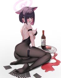 Rule 34 | 1girl, absurdres, alternate costume, animal ears, arm strap, arm under breasts, ass, backless leotard, bare back, bare shoulders, black choker, black hair, black leotard, black pantyhose, blue archive, blush, bottle, breasts, card, cat ears, choker, colored inner hair, drink, extra ears, fang, feet, food, foreshortening, full body, glass, grey background, hair ornament, hairclip, halo, highleg, highleg leotard, highres, j.j (66752902), kazusa (blue archive), large breasts, legs, leotard, looking at viewer, macaron, medium breasts, multicolored hair, nail polish, no shoes, nontraditional playboy bunny, open mouth, pantyhose, pink hair, pink nails, red eyes, see-through, see-through legwear, short hair, sidelocks, simple background, sitting, soles, solo, spill, strapless, strapless leotard, streaked hair, tearing up, thigh strap, thighs, toes, tray, two-tone hair