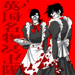 Rule 34 | 2boys, alucard (hellsing), blood, blood on clothes, blood on hands, commentary request, crossdressing, dress, evil grin, evil smile, glasses, grin, hellsing, juliet sleeves, long dress, long sleeves, maid, male focus, multiple boys, old, old man, opaque glasses, partially shaded face, ponytail, puffy sleeves, smile, spot color, toshimichi yukari, translation request, walter c. dornez
