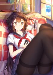Rule 34 | 1girl, ahoge, black pantyhose, black sailor collar, black skirt, blue sky, blurry, blurry foreground, blush, book, brown eyes, brown hair, cellphone, closed mouth, cloud, cloudy sky, commentary request, day, depth of field, frilled pillow, frills, highres, holding, holding phone, indoors, long hair, low twintails, mobu (wddtfy61), original, panties, panties under pantyhose, pantyhose, phone, pillow, playing with own hair, pleated skirt, sailor collar, school uniform, shirt, short sleeves, sidelocks, skirt, sky, solo, thighband pantyhose, transparent, twintails, underwear, very long hair, white shirt, window