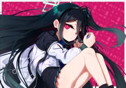 Rule 34 | &lt;key&gt; (blue archive), 1girl, black hair, black skirt, blue archive, commentary request, folded, hair between eyes, hairband, halo, holding, irokohaku, jacket, long hair, looking at viewer, necktie, one side up, red eyes, school uniform, shirt, simple background, sitting, skirt, very long hair, white shirt