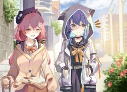Rule 34 | 2girls, absurdres, ahoge, bell, black choker, black sailor collar, blue eyes, blue hair, blush, cardigan, choker, city, closed eyes, closed mouth, cocoballking, collared shirt, day, flower, grin, hair flower, hair ornament, hands in pockets, hat, highres, hololive, hood, hood up, hooded jacket, hoshimachi suisei, hoshimachi suisei (school uniform), jacket, long hair, long sleeves, multiple girls, neck bell, neckerchief, notice lines, open clothes, open jacket, outdoors, pink hair, plant, red flower, sailor collar, sakura miko, sakura miko (casual), school uniform, serafuku, shirt, sideways glance, smile, virtual youtuber, yellow neckerchief