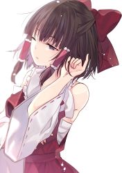 Rule 34 | 1girl, absurdres, bare shoulders, black hair, bow, breasts, commentary request, cowboy shot, detached sleeves, frilled shirt collar, frills, grey eyes, hair bow, hair tubes, hakurei reimu, half-closed eyes, hand up, highres, long sleeves, medium breasts, mimoto (aszxdfcv), one eye closed, pinky out, red bow, red skirt, ribbon-trimmed sleeves, ribbon trim, sarashi, short hair, sidelocks, simple background, skirt, skirt set, solo, touhou, white background, wide sleeves