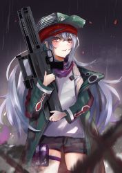 Rule 34 | 1girl, absurdres, assault rifle, bandana, black shorts, blush, breasts, bullpup, caseless firearm, feet out of frame, g11 (girls&#039; frontline), girls&#039; frontline, green headwear, green jacket, gun, h&amp;k g11, highres, holding, holding gun, holding weapon, jacket, long hair, looking at viewer, night, night sky, open clothes, open jacket, open mouth, purple scarf, r9k1, rain, red bandana, red eyes, rifle, scarf, shirt, shorts, silver hair, sky, small breasts, solo, standing, water drop, weapon, white shirt