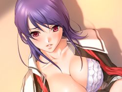 Rule 34 | 1girl, breasts, cleavage, game cg, hitotsukane yuuko olivia, large breasts, majodou, open clothes, open shirt, purple hair, red eyes, sano toshihide, school uniform, shirt, solo