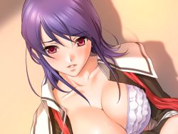 1girl breasts cleavage female_focus game_cg hitotsukane_yuuko_olivia large_breasts majodou open_clothes open_shirt purple_hair red_eyes sano_toshihide school_uniform shirt solo