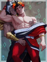 Rule 34 | 2boys, abs, ancient greek clothes, bara, black hair, black sclera, colored sclera, couple, fox bravo, greco-roman clothes, green eyes, grey hair, hades (series), hades 1, heterochromia, highres, hood, hood up, large pectorals, leggings, looking at another, male focus, multiple boys, muscular, muscular male, nipple stimulation, nipple tweak, nipples, pectorals, red eyes, red leggings, short hair, thanatos (hades), thick thighs, thighs, yaoi, yellow eyes, zagreus (hades)