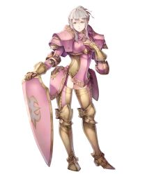 Rule 34 | 1girl, armor, armored boots, boots, breastplate, couter, effie (fire emblem), expressionless, fire emblem, fire emblem fates, fire emblem heroes, full armor, full body, gauntlets, haccan, hair bun, hand on own chest, highres, lips, armored boots, nintendo, official art, pauldrons, pink armor, shield, shoulder armor, sidelocks, silver hair, single hair bun, solo, thigh boots, thighhighs, transparent background