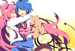 Rule 34 | 10s, 1boy, 1girl, angel beats!, ankle lace-up, blazer, blue hair, carrying, closed eyes, cross-laced footwear, demon tail, happy, hinata hideki, jacket, long hair, open mouth, pink hair, school uniform, serafuku, short hair, short twintails, simple background, soranagi, tail, thigh strap, twintails, two side up, very long hair, yui (angel beats!)