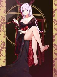 Rule 34 | 1girl, barefoot, blue eyes, breasts, chair, cleavage, crossed legs, dragon horns, feet, hand fan, highres, horns, japanese clothes, large breasts, long hair, looking at viewer, medium breasts, parted lips, pink hair, sitting, smoking pipe, soles, solo, toes