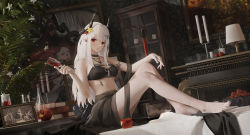 Rule 34 | 1girl, absurdres, apple, arknights, arm strap, barefoot, bikini, bitten apple, black bikini, blush, breasts, cup, cupboard, demon horns, drinking glass, fireplace, flower, food, food bite, fruit, full body, hair flower, hair ornament, highres, holding, holding cup, horns, indoors, infection monitor (arknights), jewelry, knees up, lamp, ling dianxia, long hair, material growth, medium breasts, mudrock (arknights), mudrock (silent night) (arknights), necklace, official alternate costume, oripathy lesion (arknights), photo (object), picture frame, plant, pointy ears, potted plant, red eyes, red flower, scenery, sitting, solo, spill, swimsuit, white hair, wine glass, yellow flower
