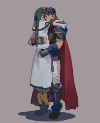Rule 34 | 2boys, armor, black footwear, boots, brown footwear, cape, commentary request, fire emblem, gloves, green hair, green headband, grey background, headband, height difference, highres, hug, ike (fire emblem), long hair, male focus, multiple boys, nintendo, pants, pants tucked in, picnicic, red cape, robe, short hair, soren (fire emblem), spiked hair, standing, twintails, white pants, white robe