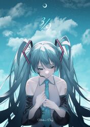 Rule 34 | 1girl, 39, blue eyes, blue hair, blush, collarbone, collared shirt, crescent moon, dated, detached sleeves, emosk, hair ornament, hands on own chest, hatsune miku, headset, highres, long hair, long sleeves, looking down, miku day, moon, necktie, night, night sky, own hands together, shirt, sky, sleeveless, sleeveless shirt, smile, solo, split mouth, star (sky), starry sky, tie clip, twintails, very long hair, vocaloid