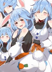 Rule 34 | 1girl, absurdres, animal ear fluff, animal ears, black bodysuit, blue hair, bodysuit, braided ponytail elf (dungeon meshi), breasts, brown eyes, carrot, closed eyes, closed mouth, dress, dvljoe, hand on own cheek, hand on own face, highres, hololive, large breasts, long hair, mature female, multicolored hair, open mouth, pekomama, rabbit ears, rabbit girl, rabbit tail, short eyebrows, simple background, smile, solo, streaked hair, tail, thick eyebrows, virtual youtuber, white background, white dress, white hair