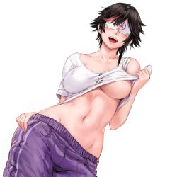 Rule 34 | 1girl, black hair, blindfold, blush, breasts, clothes lift, clothes writing, collarbone, commentary, covered erect nipples, covered eyes, cowboy shot, facing viewer, groin, hand on own hip, indie virtual youtuber, large breasts, lifting own clothes, minori yumeko, minori yumeko (character), multicolored hair, navel, open mouth, pants, parted bangs, pocket, purple pants, shirt, shirt lift, short hair, short sleeves, shu-mai, simple background, single bare shoulder, smile, solo, standing, stomach, streaked hair, t-shirt, track pants, underboob, virtual youtuber, white background, white shirt