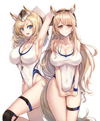 Rule 34 | 2girls, 3:, :d, animal ear fluff, animal ears, arknights, armpits, arms behind head, arms up, bare arms, bare shoulders, blemishine (arknights), breasts, cleavage, competition swimsuit, covered navel, cowboy shot, embarrassed, frown, groin, hair ribbon, hat, highleg, highleg swimsuit, highres, horse ears, horse girl, large breasts, multiple girls, one-piece swimsuit, open mouth, ponytail, ribbon, simple background, smile, standing, sweatband, swimsuit, thigh strap, thighs, whislash (arknights), whistle, white background, white one-piece swimsuit, yuemanhuaikong