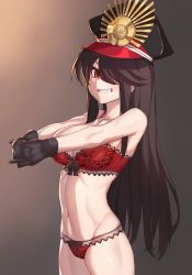 Rule 34 | 1girl, abs, alternate breast size, arms up, black gloves, black hair, bra, breasts, cowboy shot, fate/grand order, fate (series), fingers together, gloves, gradient background, grin, hair over one eye, hat, highres, interlocked fingers, k jin, large breasts, long hair, looking at viewer, military hat, navel, oda nobunaga (fate), oda nobunaga (koha-ace), orange eyes, own hands together, panties, red bra, red panties, sidelocks, simple background, smile, solo, underwear, underwear only