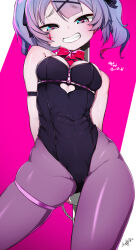 Rule 34 | 1girl, arm strap, arms behind back, bare shoulders, black leotard, blue eyes, blue hair, breasts, clothing cutout, dai yasude, grin, hair ornament, hatsune miku, heart, heart-shaped pupils, heart cutout, highres, leotard, looking at viewer, medium breasts, pantyhose, playboy bunny, rabbit hole (vocaloid), skindentation, smile, solo, symbol-shaped pupils, teardrop facial mark, teeth, thigh strap, vocaloid, x hair ornament
