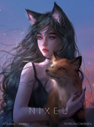 Rule 34 | 1girl, afdian username, ahri (league of legends), animal, animal ears, artist name, bare arms, bare shoulders, black choker, black hair, black shirt, choker, closed mouth, commentary, earrings, expressionless, eyebrows, fantasy, forehead, fox, fox ears, fox girl, grey eyes, highres, holding, jewelry, league of legends, long hair, looking away, nail polish, nixeu, original, outdoors, patreon username, purple nails, red lips, shaded face, shirt, solo, upper body