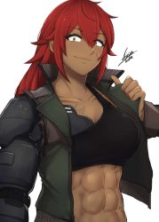 Rule 34 | 1girl, abs, airisubaka, artist name, asymmetrical breasts, breasts, collarbone, commentary, cropped jacket, cyborg, dark-skinned female, dark skin, english commentary, eyes visible through hair, hair between eyes, highres, jacket, large breasts, long hair, long sleeves, looking at viewer, mechanical arms, midriff, muscular, muscular female, open clothes, open jacket, original, red hair, scar, signature, single mechanical arm, single sleeve, solo, sports bra, upper body, yellow eyes