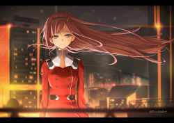 Rule 34 | 10s, 1girl, aqua eyes, breasts, building, buttons, city, city lights, cityscape, coat, darling in the franxx, double-breasted, green eyes, hair blowing, hair censor, hairband, horns, letterboxed, long sleeves, macchiato (jae-min cho), medium breasts, military, military uniform, necktie, pink hair, red coat, short necktie, skyline, solo, uniform, white hairband, wind, zero two (darling in the franxx)