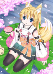 Rule 34 | 1girl, animal ears, blonde hair, blue eyes, cherry blossoms, detached sleeves, fox ears, fox tail, ikeda yuuki, japanese clothes, md5 mismatch, miko, original, petals, resolution mismatch, solo, source larger, tail, thighhighs