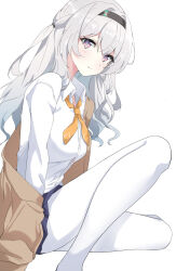 Rule 34 | 1girl, alternate costume, black hairband, brown jacket, closed mouth, collar, collared shirt, comorebi, firefly (honkai: star rail), grey hair, hairband, highres, honkai: star rail, honkai (series), jacket, long hair, long sleeves, looking at viewer, neckerchief, open clothes, open jacket, pantyhose, school uniform, shirt, sidelocks, simple background, sitting, skirt, smile, solo, white background, white collar, white pantyhose, white shirt, yellow neckerchief