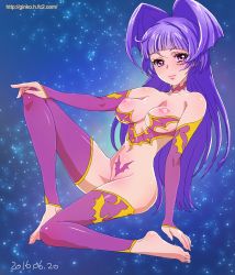 Rule 34 | 10s, 1girl, 2016, bad id, bad pixiv id, barefoot, breastless clothes, breasts, cure magical, dated, ginko (silver fox), izayoi liko, large breasts, long hair, looking at viewer, mahou girls precure!, nipples, pink eyes, precure, purple hair, purple legwear, pussy, sitting, smile, solo, toeless legwear, toes, uncensored, watermark, web address