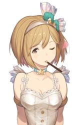 Rule 34 | 10s, 1girl, alternate costume, armlet, breasts, brown eyes, brown hair, choker, cleavage, djeeta (granblue fantasy), food, granblue fantasy, hair ornament, hanarito, heart, looking at viewer, medium breasts, mouth hold, one eye closed, pocky, short hair, simple background, smile, solo, superstar (granblue fantasy), upper body, white background