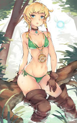 Rule 34 | 1girl, :o, bikini, blonde hair, blush, boots, braid, breasts, brown footwear, brown gloves, brown thighhighs, choker, collarbone, compass, creature, fairy, fairy wings, flying, front braid, ge-b, gem, gloves, green bikini, groin, hand on thigh, highres, hyrule warriors, in tree, jewelry, leather, leather boots, linkle, looking at viewer, navel, nintendo, orb, parted lips, pendant, pointy ears, pond, shiny skin, short hair, side braid, sitting, sitting in tree, skindentation, small breasts, soaking feet, solo, stomach, sweatdrop, swimsuit, the legend of zelda, thigh boots, thighhighs, thighs, tree, tsurime, twin braids, water, water drop, wet, wings