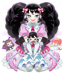 Rule 34 | 4girls, :d, angel and devil, between legs, black hair, blue eyes, blunt bangs, blush, bow, brown hair, chibi, chibi inset, closed eyes, commentary request, demon wings, doll joints, dress, drill hair, dual persona, elbow gloves, fang, fangs, full body, gaaruru (pripara), gloves, grey eyes, hair bow, halo, hand between legs, headphones, joints, kurosu aroma, long hair, looking at viewer, mechanical legs, mini person, minigirl, moudoku (decopon3rd), multiple girls, open mouth, pink bow, pink dress, ponytail, pretty series, pripara, puffy short sleeves, puffy sleeves, red hair, shiratama mikan, short sleeves, sidelocks, sitting, smile, tongue, tongue out, twin drills, v arms, very long hair, wariza, white bow, white gloves, wings, yellow halo