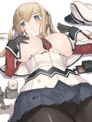 Rule 34 | 10s, 1girl, black gloves, black pantyhose, blonde hair, blue eyes, blush, breasts, breasts apart, capelet, covering one breast, covering privates, female focus, gloves, graf zeppelin (kancolle), hair between eyes, hat, highres, jonsun, kantai collection, large breasts, long hair, looking at viewer, lying, miniskirt, on back, pantyhose, peaked cap, revision, sidelocks, simple background, skirt, solo, torn clothes, twintails, uniform, white background