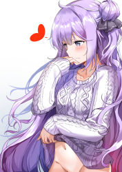 Rule 34 | 1girl, absurdres, ahoge, aran sweater, azur lane, blush, bottomless, breasts, cable knit, closed mouth, clothes lift, collarbone, embarrassed, gradient background, groin, hair bun, hair ribbon, hand up, highres, lifting own clothes, long hair, medium breasts, navel, out-of-frame censoring, purple eyes, purple hair, purple sweater, ribbon, side bun, simple background, single side bun, solo, standing, stomach, sunhyun, sweater, sweater lift, thighs, unicorn (azur lane), very long hair