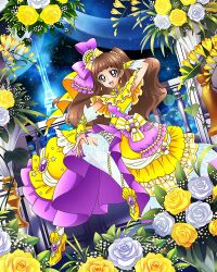 Rule 34 | 1girl, amanogawa kirara, blunt bangs, brown hair, dress, earrings, flower, gem, go! princess precure, highres, jewelry, long hair, multicolored clothes, multicolored dress, official art, open mouth, precure, precure connection puzzlun, purple eyes, rose, smile, solo, third-party source, white flower, white rose, yellow flower, yellow footwear, yellow rose