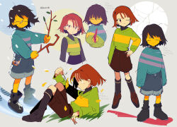 Rule 34 | 2others, bandaid, bandaid on face, black footwear, black hair, black socks, boots, branch, brown eyes, brown footwear, brown hair, candy, chara (undertale), closed eyes, flower, food, frisk (undertale), hand on own hip, highres, holding, holding branch, holding flower, holding knife, holding weapon, knife, long sleeves, multiple others, multiple views, one eye closed, petals, senjochi janai, shoes, short hair, shorts, sitting, socks, striped clothes, striped sweater, sweater, twitter username, undertale, underwear, weapon, yellow flower