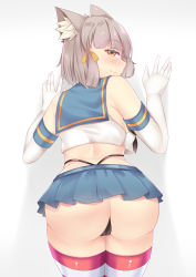 Rule 34 | 1girl, absurdres, against wall, animal ears, ass, bare shoulders, blush, breasts, cameltoe, cat ears, come hither, cosplay, elbow gloves, from behind, gloves, grey hair, hair ribbon, highres, huge ass, kantai collection, looking at viewer, looking back, miniskirt, nabunabu, nia (xenoblade), ribbon, sailor collar, sailor shirt, shimakaze (kancolle), shimakaze (kancolle) (cosplay), shiny clothes, shiny skin, shirt, short hair, sideboob, skirt, smile, solo, striped clothes, striped thighhighs, thick thighs, thighhighs, thighs, thong, xenoblade chronicles (series), xenoblade chronicles 2, yellow eyes