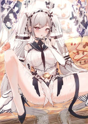 Rule 34 | 1girl, azur lane, food, formidable (azur lane), formidable (timeless classics) (azur lane), high heels, highres, long hair, looking at viewer, mathiamo13, official alternate costume, original, purple eyes, silver hair, spread legs, sweets, tongue, tongue out, twintails, wet