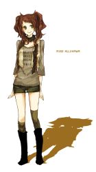 Rule 34 | atlus, bad id, bad pixiv id, boots, brown hair, buzz (moi), earrings, fashion, green eyes, jewelry, kujikawa rise, persona, persona 4, scarf, shorts, smile, solo, thighhighs, twintails, vest