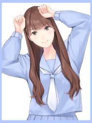 Rule 34 | 1girl, arms up, blue sailor collar, blue serafuku, brown eyes, brown hair, character request, closed mouth, commentary request, copyright request, facing viewer, highres, light blush, lips, long hair, long sleeves, looking at viewer, nayuta69, neckerchief, real life, sailor collar, school uniform, serafuku, smile, solo, upper body, white neckerchief