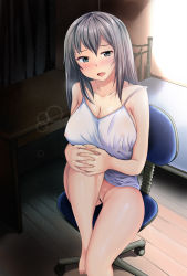 Rule 34 | 10s, 1girl, bad id, bad pixiv id, bar censor, barefoot, blush, bottomless, breasts, camisole, censored, chair, circle, cleavage, commentary request, covered erect nipples, girls und panzer, highres, hubrael, hugging own legs, indoors, itsumi erika, large breasts, light particles, long hair, looking at viewer, no bra, open mouth, partial commentary, pussy, shirt, sitting, smile, solo, sparkle, strap slip, white shirt