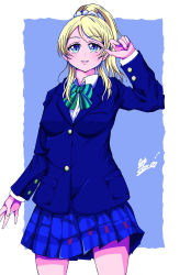 Rule 34 | 1girl, artist name, artist request, ayase eli, black jacket, blonde hair, blue cardigan, blue eyes, blue jacket, blue skirt, blush, bow, bowtie, breasts, cardigan, checkered clothes, checkered skirt, collared shirt, female focus, green bow, hair between eyes, hair ornament, hair over shoulder, hair scrunchie, high ponytail, highres, jacket, long hair, long sleeves, looking at viewer, love live!, love live! school idol project, medium breasts, miniskirt, otonokizaka school uniform, parted lips, plaid, plaid skirt, pleated, pleated skirt, ponytail, school uniform, scrunchie, shirt, short hair, short sleeves, skirt, smile, solo, striped, striped bow, white scrunchie, white shirt