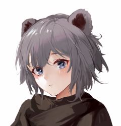 Rule 34 | 1girl, animal ears, arknights, bear ears, blue eyes, blush, closed mouth, highres, looking at viewer, misha (arknights), portrait, short hair, silver hair, simple background, solo, white background, xiaobei