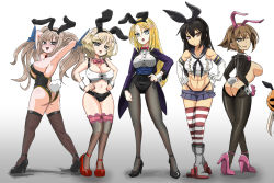 Rule 34 | 6+girls, abs, alternate costume, animal ears, ankle strap, ass, black footwear, black hair, black leotard, black neckerchief, black panties, black shorts, blonde hair, blue bow, blue capelet, blue eyes, blue skirt, blush, bow, bowtie, breasts, brown eyes, brown hair, butt crack, capelet, cleavage, colorado (kancolle), cosplay, covered erect nipples, crop top, detached collar, elbow gloves, fake animal ears, fake tail, fishnet pantyhose, fishnet thighhighs, fishnets, flipped hair, gloves, gradient background, grey eyes, hair bow, high heels, highleg, highleg panties, highres, kantai collection, lace, lace trim, large breasts, leotard, light brown hair, long hair, long sleeves, low twintails, maryland (kancolle), meme attire, micro shorts, microskirt, midriff, multiple girls, mutsu (kancolle), nagato (kancolle), nail polish, navel, neckerchief, nelson (kancolle), nontraditional playboy bunny, one eye closed, open mouth, panties, pantyhose, pink footwear, pink gloves, playboy bunny, pleated skirt, pumps, rabbit ears, rabbit tail, red bow, red bowtie, red footwear, revealing clothes, reverse bunnysuit, reverse outfit, sailor collar, see-through, see-through leotard, shimakaze (kancolle), shimakaze (kancolle) (cosplay), short hair, shorts, skirt, strapless, strapless leotard, striped clothes, striped thighhighs, suspender shorts, suspenders, sweat, tail, thighhighs, thong, translucent bunnysuit, tsun&#039;ichi (tsun1), twintails, underwear, white gloves, wink, wrist cuffs